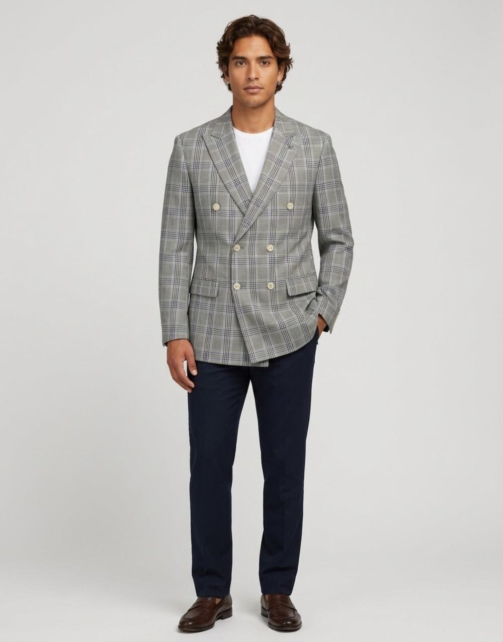 Stacy Adams Gray Plaid Double-Breasted Lined Jacket Men Size 40L